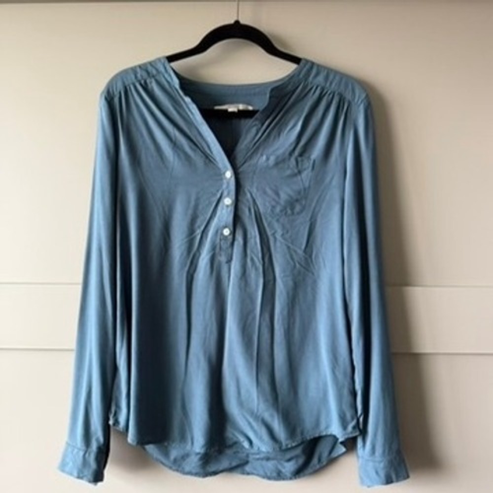 LOFT Henley Blouse Womens S Blue Long Sleeve Chest Pocket Career Top